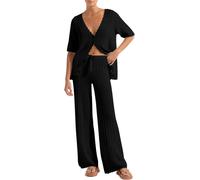 Women's Summer 2 Piece Swimsuit Cover up Crochet Knit Cardigan Tops Long Pants Set Bathing Suit Beach Outfit (black, L)