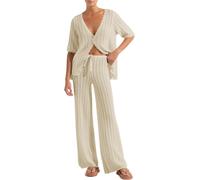 Women's Summer 2 Piece Swimsuit Cover up Crochet Knit Cardigan Tops Long Pants Set Bathing Suit Beach Outfit (beige, XL)