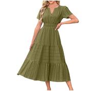 Womens Summer 2025 Casual Midi Maxi Dresses Lightweight Short Sleeve V Neck Elastic Waist Boho Beach Dress Pockets (Army,L)