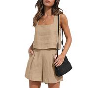 Women's Summer 2PCS Outfit Sets Solid Color Sleeveless Sling Vest + Casual Shorts with Pockets Two Piece Linen Shorts Crop Matching Sets (Light Brown, XL)