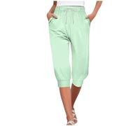 Women's Summer 3/4 Length Pants Comfy Cropped Trousers Petite Lounge Pants with Pockets Solid Color Elasticated Waist Fashion Ladies Straight Three Quarter Cuffed Leg Capri Shorts UK 8-16