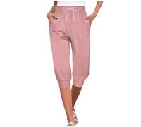 Women's Summer 3/4 Length Pants Comfy Cropped Trousers Petite Lounge Pants with Pockets Solid Color Elasticated Waist Fashion Ladies Straight Three Quarter Cuffed Leg Capri Shorts UK 8-16