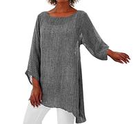 Women's Summer 3/4 Sleeve Tops Crewneck Linen T Shirt Irregular Hem Baggy Blouse Shirts Ladies Plus Size Summer Short Sleeve Round Neck Tops UK Sale Clearance