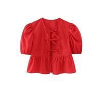 Women's Summer Babydoll T-Shirt Solid/Stripe Short Puff Sleeve Round Neck Tie-Up Front Peplum Tops (Red, M)
