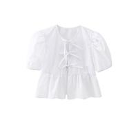Women's Summer Babydoll T-Shirt Solid/Stripe Short Puff Sleeve Round Neck Tie-Up Front Peplum Tops (White, L)