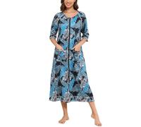 Women's Summer Bathrobe Old Fashioned Floral Half Sleeve Zip Front Duster Robe with Pockets Plus Size(Blue Palm,3XL)