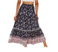 Women's Summer Beach Boho Long Skirt Vintage Floral Print Bohemian Style Midi Skirt Elastic Waist Flowy Swing Skirt Loose Casual A-Line Skirts Vacation Skirts Long Dresses Dark Blue