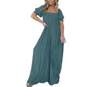 Women's Summer Beach Jumpsuit with Puff Sleeves Square Neck One-Piece Pleated Romper Festive Wedding Trouser Suit Boho Summer Overall High Waist Playsuit