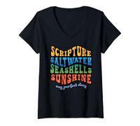 Womens Summer Beach Scripture Saltwater Seashells Sunshine Retro V-Neck T-Shirt