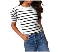 Womens Summer Blouses Casual Striped Short Puff Sleeve Round Neck Tunic Tops Short Sleeve Button Down Shirts Slim Fit T Shirts Oversized Loose Plus Size Comfy Blouses UK 2024 Trendy Sale Clearance