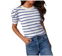Womens Summer Blouses Casual Striped Short Puff Sleeve Round Neck Tunic Tops Short Sleeve Button Down Shirts Slim Fit T Shirts Oversized Loose Plus Size Comfy Blouses UK 2024 Trendy Clearance Blue