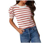 Womens Summer Blouses Casual Striped Short Puff Sleeve Round Neck Tunic Tops Short Sleeve Button Down Shirts Slim Fit T Shirts Oversized Loose Plus Size Comfy Blouses UK 2024 Trendy Clearance Red