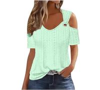 Women's Summer Blouses Cold Shoulder Short Sleeve Tops Loose Casual Tunic T-Shirts for Women UK Ladies Elegant Office Work Blouse V Neck Eyelets Tee Shirt Solid Color Loose Top