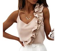 Women's Summer Blouses Sexy V Neck Ruffle Blouse Open Back Spaghetti Straps Office Ladies Sleeveless Casual Tops