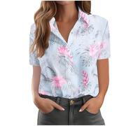 Womens Summer Blouses Tropical Floral Print Hawaiian Shirts Casual Lapel Neck Button Down Blouse Short Sleeve Loose Fit Tunic Tops Bohemian Beach Holiday Vacation Shirt Womens Plus Size Tops