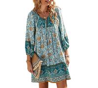 Women's Summer Boho Beach Mini Dress Floral Print Tassel Tie V Neck Short Sleeve Flowy Ruffle Bohemian Dress Loose Fit Ethnic Style Shift Dress (W-Blue, S)