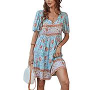 Women's Summer Boho Beach Mini Dress Floral Print Tassel Tie V Neck Short Sleeve Flowy Ruffle Bohemian Dress Loose Fit Ethnic Style Shift Dress (Z-Blue, L)
