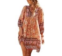 Women's Summer Boho Beach Mini Dress Floral Print Tassel Tie V Neck Short Sleeve Flowy Ruffle Bohemian Dress Loose Fit Ethnic Style Shift Dress (W-Orange, XL)