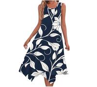 Women's Summer Boho Floral Dress Round-Neck Sleeveless Holiday Beach Bohemian Dresses Ladies Loose Fit Midi Dress Irregular Flowy Beach Boho Baggy Tank Dresses with Pockets