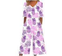 Women's Summer Boho Jumpsuits UK - Ladies Print Casual Wide Leg Playsuits, Short Sleeve V Neck Zip Back Dungarees, Side Pockets One Piece Trousers for Daily Beach Holiday Going Out Wear