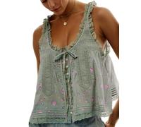 Womens Summer Boho Lace Tie Front Relaxed Fit Thin Sheer Tank Flowy Vest Tops Button Down Sleeveless Y2K Clothes, Printed Green, M