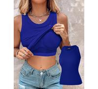 Womens Summer Built in Bra Ribbed Tank Top Round Neck Sleeveless Shirt Racerback Slim Fitted Basic Casual Streetwear