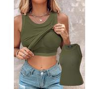 Womens Summer Built in Bra Ribbed Tank Top Round Neck Sleeveless Shirt Racerback Slim Fitted Basic Casual Streetwear