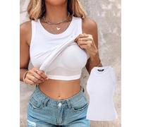 Womens Summer Built in Bra Ribbed Tank Top Round Neck Sleeveless Shirt Racerback Slim Fitted Basic Casual Streetwear