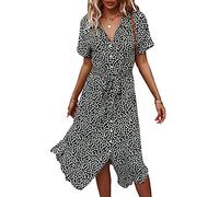 Women's Summer Button Down Midi Dress Short Sleeve V Neck Floral Lapel Ruffle Ditsy Loose Boho Swing Shirt Dress (Z-Black, XL)
