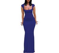 Womens Summer Cap Sleeve Square Neck Elegant Casual Lounge Bodycon Slim Maxi Evening Party Long Dress, Royal Blue, S