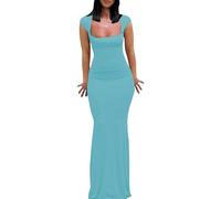 Womens Summer Cap Sleeve Square Neck Elegant Casual Lounge Bodycon Slim Maxi Evening Party Long Dress, Blue 2, M