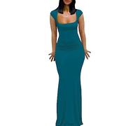 Womens Summer Cap Sleeve Square Neck Elegant Casual Lounge Bodycon Slim Maxi Evening Party Long Dress, Blue, M