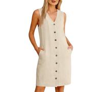 Womens Summer Casual Cotton Linen Dresses Sleeveless V-Neck Button Down Shift Dress Ladies Solid Colour Lounge Loose Fit Dresses Fashion Beach Vacation Sundress with Pockets