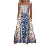 Women's Summer Casual Dresses Clearance Basic Dresses Ladies Fashion Sexy Sleeveless Pockets Round Neck Floral Print Dress Loose Beach Holiday Vacation Bohemian Midi Sundress Beachdress Dress