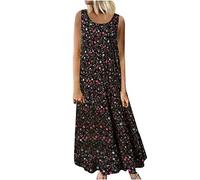 Womens Summer Casual Dresses Cotton Floral Print Sleeveless Maxi Dress Crew Neck Oversized Ethnic Pleated Dresses Ladies Elegant Flowy A Line Dress Boho Beach Holiday Sundress Vacation M-5XL