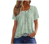 Womens Summer Casual Floral T Shirts Loose Short Sleeve Tunic Top Square Neck Pleated T-Shirt Blouse for Leggings Classic Tops Ladies Tops Summer Going Out Tee Shirts UK Size
