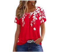 Womens Summer Casual Floral T Shirts Loose Short Sleeve Tunic Top Square Neck Pleated T-Shirt Blouse for Leggings Classic Tops Ladies Tops Summer Going Out Tee Shirts UK Size