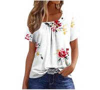 Womens Summer Casual Floral T Shirts Loose Short Sleeve Tunic Top Square Neck Pleated T-Shirt Blouse for Leggings Classic Tops Ladies Tops Summer Going Out Tee Shirts UK Size