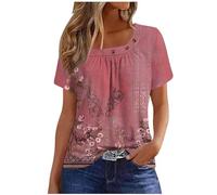 Womens Summer Casual Floral T Shirts Loose Short Sleeve Tunic Top Square Neck Pleated T-Shirt Blouse for Leggings Classic Tops Ladies Tops Summer Going Out Tee Shirts UK Size