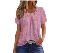 Womens Summer Casual Floral T Shirts Loose Short Sleeve Tunic Top Square Neck Pleated T-Shirt Blouse for Leggings Classic Tops Ladies Tops Summer Going Out Tee Shirts UK Size