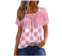 Womens Summer Casual Floral T Shirts Loose Short Sleeve Tunic Top Square Neck Pleated T-Shirt Blouse for Leggings Classic Tops Ladies Tops Summer Going Out Tee Shirts UK Size