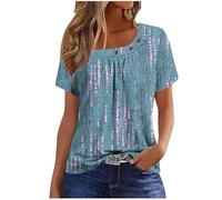 Womens Summer Casual Floral T Shirts Loose Short Sleeve Tunic Top Square Neck Pleated T-Shirt Blouse for Leggings Classic Tops Ladies Tops Summer Going Out Tee Shirts UK Size