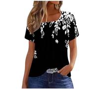 Womens Summer Casual Floral T Shirts Loose Short Sleeve Tunic Top Square Neck Pleated T-Shirt Blouse for Leggings Classic Tops Ladies Tops Summer Going Out Tee Shirts UK Size