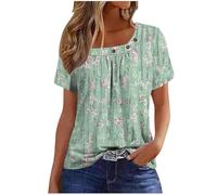 Womens Summer Casual Floral T Shirts Loose Short Sleeve Tunic Top Square Neck Pleated T-Shirt Blouse for Leggings Classic Tops Ladies Tops Summer Going Out Tee Shirts UK Size