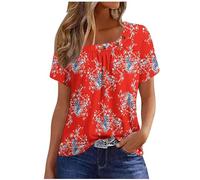 Womens Summer Casual Floral T Shirts Loose Short Sleeve Tunic Top Square Neck Pleated T-Shirt Blouse for Leggings Classic Tops Ladies Tops Summer Going Out Tee Shirts UK Size