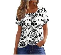 Womens Summer Casual Floral T Shirts Loose Short Sleeve Tunic Top Square Neck Pleated T-Shirt Blouse for Leggings Classic Tops Ladies Tops Summer Going Out Tee Shirts UK Size