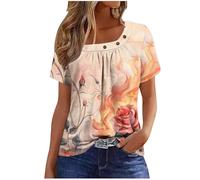 Womens Summer Casual Floral T Shirts Loose Short Sleeve Tunic Top Square Neck Pleated T-Shirt Blouse for Leggings Classic Tops Ladies Tops Summer Going Out Tee Shirts UK Size