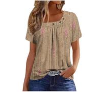 Womens Summer Casual Floral T Shirts Loose Short Sleeve Tunic Top Square Neck Pleated T-Shirt Blouse for Leggings Classic Tops Ladies Tops Summer Going Out Tee Shirts UK Size