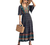 Women's Summer Casual Maxi Dress Bohemian Floral V Neck Puff Short Sleeve Ethnic Style Beach Tiered Sundress Long Swing Dress (Black, M)