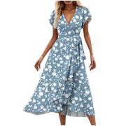 Women's Summer Casual Maxi Dress Sexy V-Neck Short Sleeve Long Flowy Dresses Lace Up Loose Beach Dresses Floral Print Boho Holiday Dress Trendy Elegant Swing Hawaiian Sundress